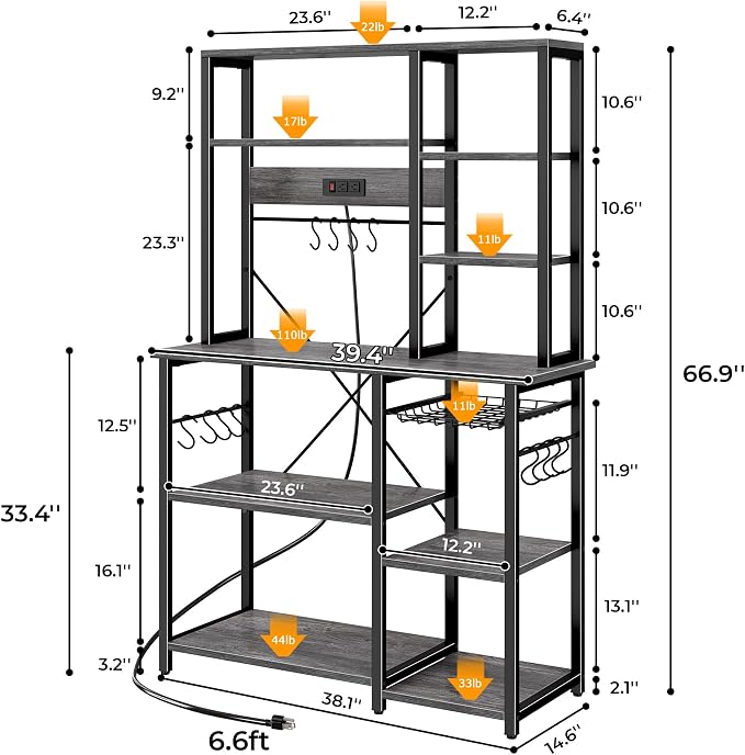 SUPERJARE Large Bakers Rack with Power Outlets, 6-Tier Microwave Stand, Coffee Bar with 12 S-Shaped Hooks, Kitchen Shelf with Wire Basket, 39.4 x 14.6 x 66.9 Inches, Charcoal Gray