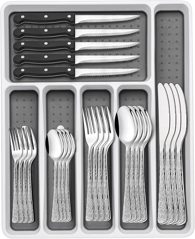 49-Piece Silverware Set with Organizer, Food-Grade Stainless Steel Flatware for 8, Cutlery Utensil Sets with Steak Knives, Rust-proof, Mirror Polished, Dishwasher Safe, Silver Tree Pattern