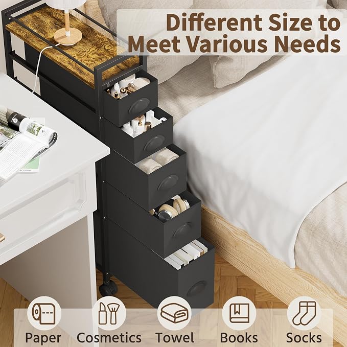 LASZOLA 5 Drawer Narrow Dresser Slim Cabinet Skinny Storage Tower Chest, Ideal for Small Spaces Bathroom, Between Washer and Dryer, Lightweight Mobile on Wheels, Sturdy Fabric Drawers, Black