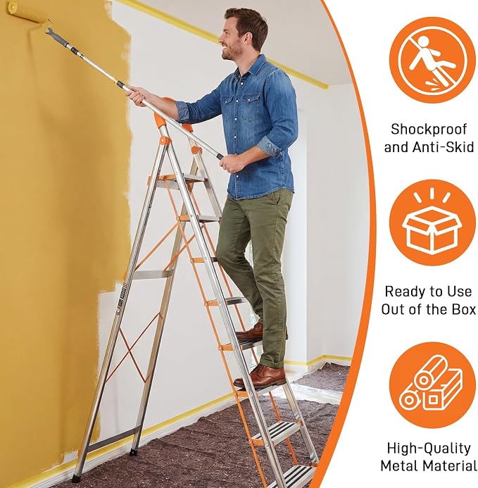 8 Step Ladder, 330lbs Load Capacity, Carbon Steel Step Stool with Non-Slip and Widen Pedals, Step Ladder with Safe Handrail, Space Saving for Home, Kitchen, Indoor & Outdoor