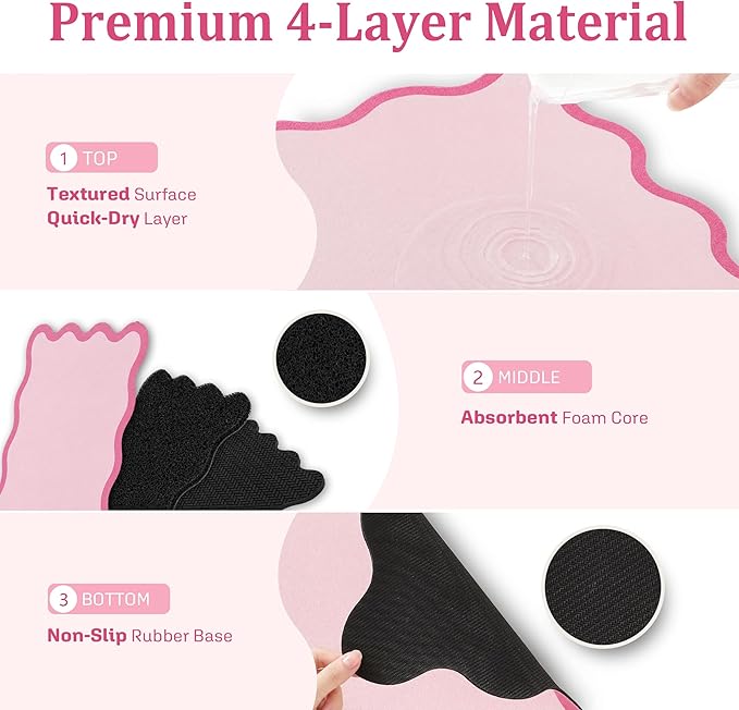 Scalloped Dish Drying Mat for Kitchen Counter, Absorbent Easy Clean Non-slip Coffee Bar Station Accessories, Trendy Cute Aesthetic Modern Drainer Kitchen Drying Mat, Pink 12" x 19"