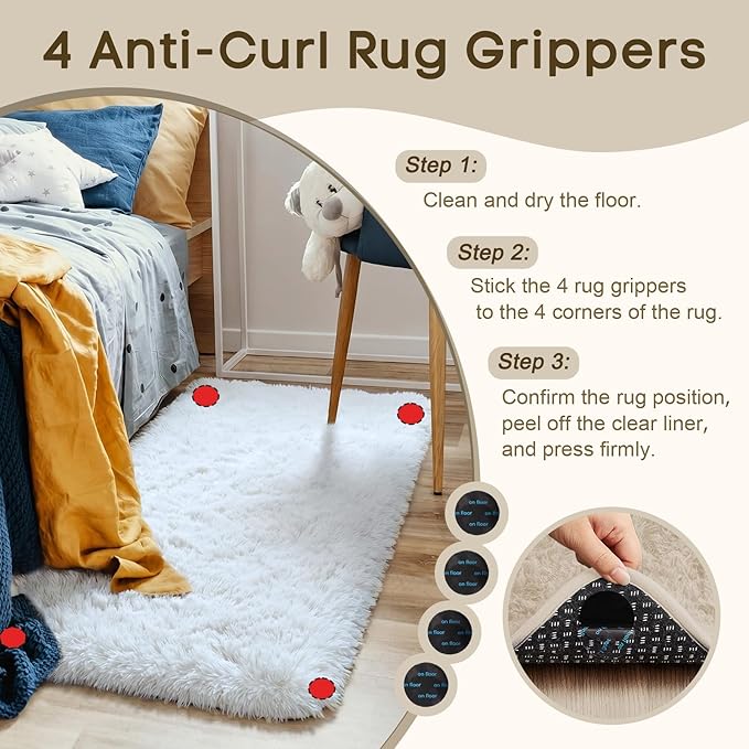 Ophanie Small Rug Washable Non Slip Throw Bedside Area Rugs, Fluffy Soft Mini Bedroom Carpet, Door Entryway Indoor Inside Front Entrance 2x4 Mat, Home Decor Aesthetic, White