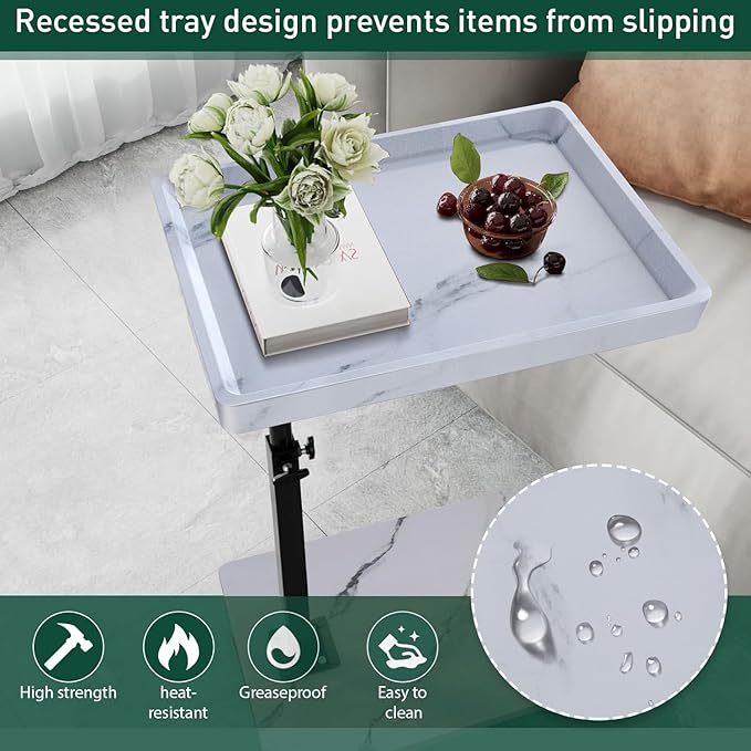 C Table End Table Adjustable Height, 360°Swivel TV Tray Table for Small Spaces, Couch Tables That slide under, C Shaped Side Tables living room and bedroom for Sofa, Bed,Chair, Snack (2, White)