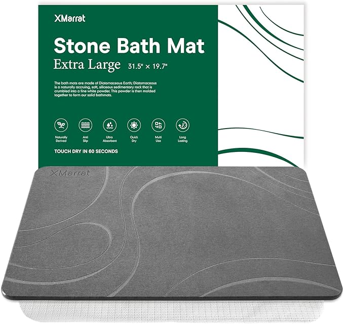 XMarrat Large Stone Bath Mat, Super Absorbent Diatomaceous Earth Bath Mat Large, Quick Drying Non-Slip Diatomite Stone Bath Mats for Bathroom, Easy to Clean (Dark Grey, Extra Large 31.5" x 19.7")