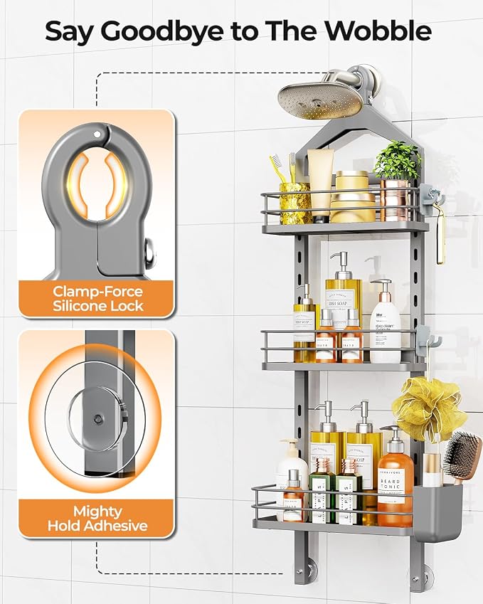 ODesign 3 Tier Height-Adjustable Shower Caddy Hanging Anti-Swing-Over The Shower Head Caddy-Showe r Storage Organizer Bathroom Shelves Basket Caddies-Grey