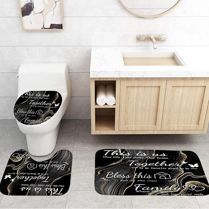 4Pcs Family Marble Shower Curtain Sets with Rugs,Black Home Inspirational Bathroom Decor Set, Bathroom Sets with Shower Curtain and Rugs, Waterproof Bathroom Shower Curtains, with 12 Hooks