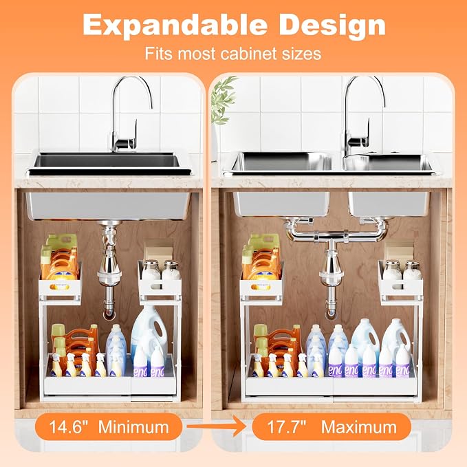 Upgrade 1 Pack Expandable Under Sink Organizers and Storage, 2 Tier Metal Pull Out Cabinet Organizer with 3 Slide Rails, Adjustable Height Slide Out Under Sink Drawers for Kitchen Bathroom Pantry
