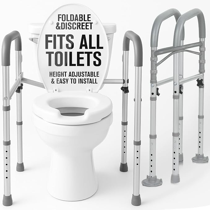 Vive Toilet Safety Rail - Medical Chair for Handicapped & Seniors - Folding Bathroom Frame w/Handles, Arms for Elderly, Disabled - Standalone Grab Bar - Seat Assistance Support Stand Up Assist
