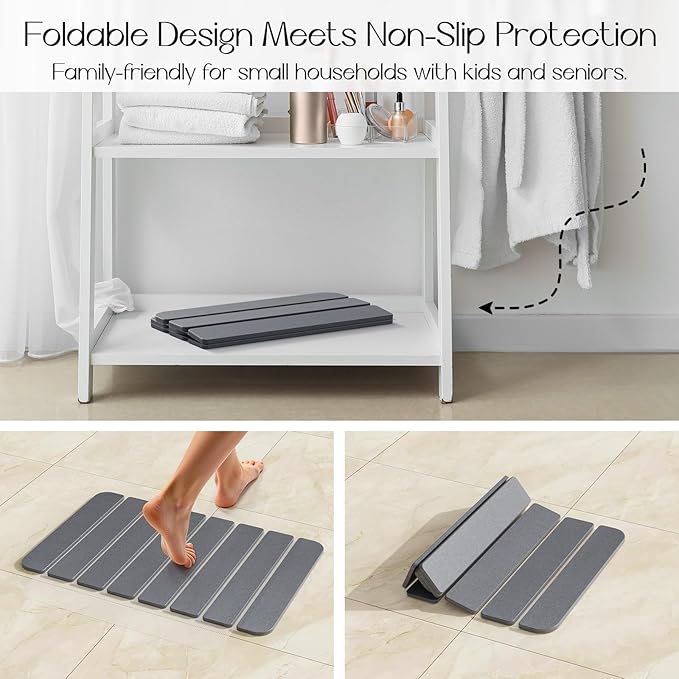 Diatomaceous Earth Stone Bath Mat Non-Slip, Foldable Stone Bath Mats for Bathroom Quick Dry, Super Absorbent Diatomaceous Earth Mats 24 x 16 Inch Quick Drying, Eco-Friendly Easy to Clean - Grey 1Pack