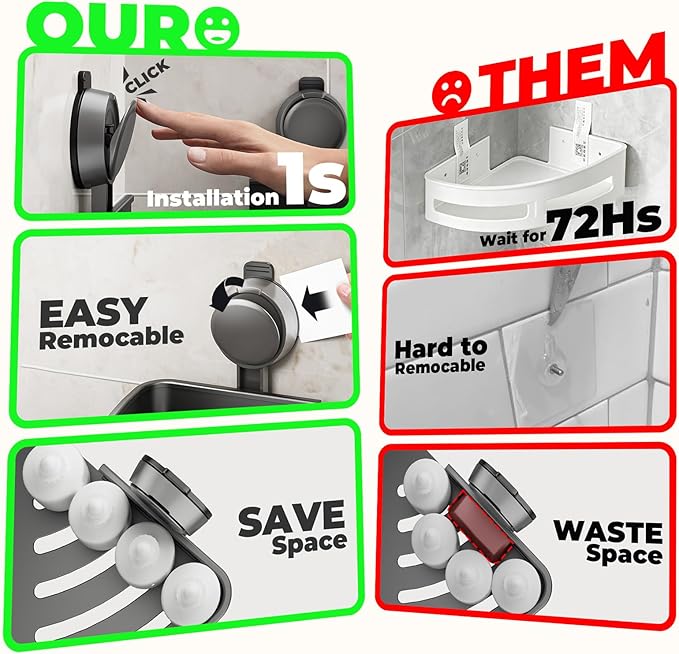 Shower Caddy Corner,Suction Cup Shower Caddy with Hooks,No Drilling Rustproof Aluminum Bathroom Organizers and Storage,Shelves for Bathroom Accessories Decor (1)