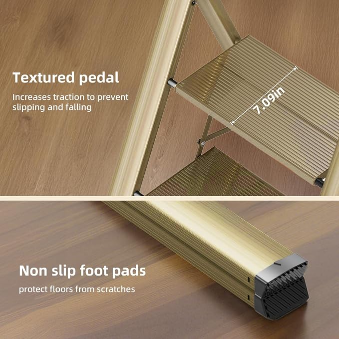 SOLADDER 2 Step Ladder, Anti-Slip and Lightweight Foldable Step Stool for Adults to Use in Kitchen, Closet and Library, 300lbs(Brown Gold)