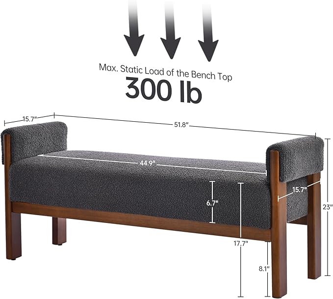VKNOW End of Bed Bench, 51.8” Modern Upholstered Bedroom Bench Indoor Bench with Arms, Entryway Bench with Solid Wood Frame for Bedroom Living Room, Dark Gray