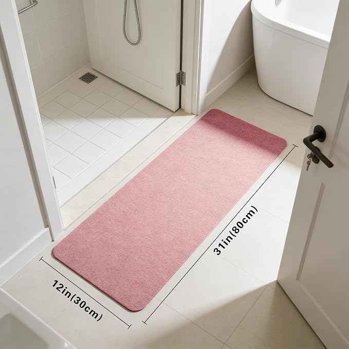 Bath Mat for Narrow Spaces, Super Absorbent Doorway Floor Mat, Non-Slip Threshold Rugs Fit for Under Door, Cuttable Ultra Thin Bath Mat for Bathroom, Kitchen and Entryway (Pink, 31''x12'')