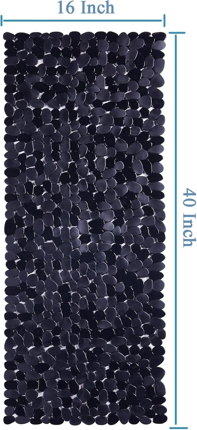 Webos Bath Shower Mat Non Slip: Extra Large Pebble Bathtub mat for Families, Anti Slip Shower Matt with Drain Holes Suction Cups Tub Mat - 16 X 40 Inch Black