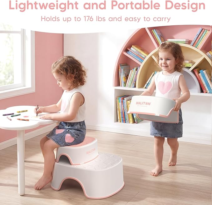 Potty Training Seat with Step Stools, Maliton Potty Training Toilet for Toddlers Girls with Splash Guard, Anti-Slip Toddler Stool for Bathroom, One Potty Seat and 2 in 1 Step Stool for Kids (Pink)