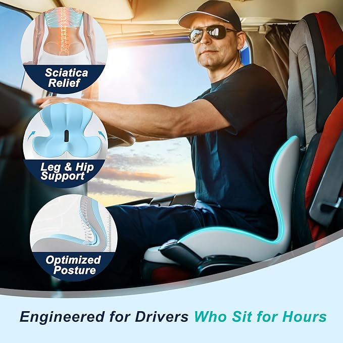 Seat Cushion for Office Chair and Car, Lumbar Support Pillow for Office Chair, Memory Foam Ergonomic Seat Cushion for Long Sitting, Back & Tailbone Pain, Sciatica - Blue & Gray