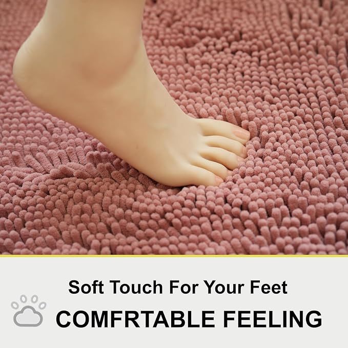 Bathroom Rugs Chenille 3-Piece Extra Soft and Absorbent Shag Bathroom Rugs, Machine Wash Mat, Strong PVC Non-Slip Underside, Plush Carpet Mats (Deep Pink)