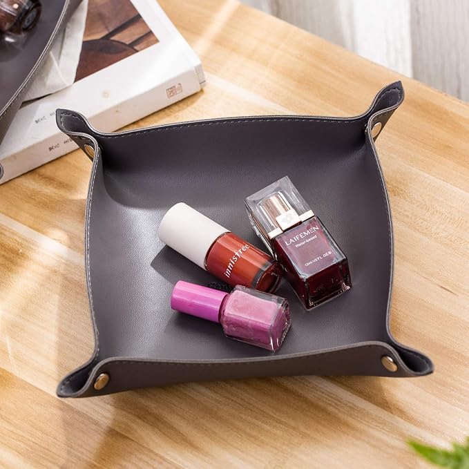 Leather Jewelry Valet Tray for Women and Man, Portable Entryway Table Tray Bedside Nightstand Desk Tray Small Catchall Travel Dish Plate for Key,Wallet,Watch,Coin (Deep Grey-B)
