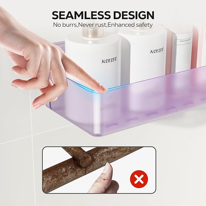 Nieifi Adhesive Wall Shelf, Shower Shelves, Shower Organizer for Bathroom Organization (Purple-Clear, 5 pieces)