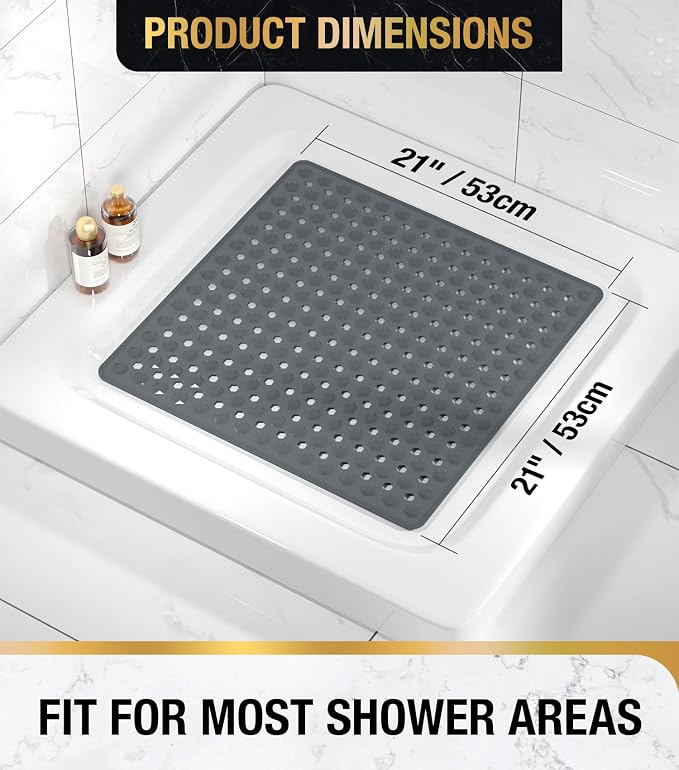 HITSLAM Shower Mat Anti Slip, Square Bath Mat for Tub Non Slip with Suction Cups and Drain Holes, 21x21 Inch Bathroom Shower Stall Floor Mat, Machine Washable, Soft on Feet, Dark Grey