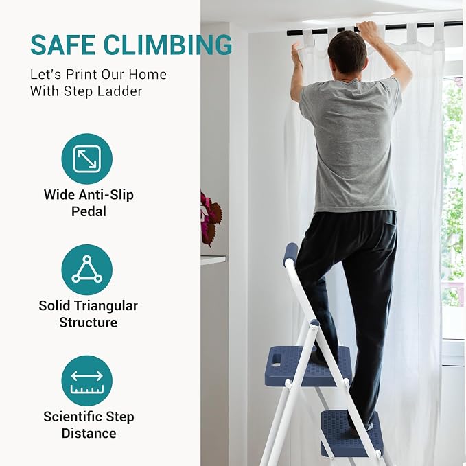 OLIXIS 2 Step Ladder, 880lbs Heavy Duty Sturdy Step Stool with Anti-Slip Pedal & Comfortable Handrail, Portable Step Stool for Kitchen, Garage & Outdoor Use, Blue
