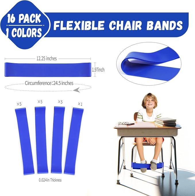 16 Pack Chair Bands for Kids with Fidgety Feet, ADHD Tools for Kids, Improve Focus & Reduce Restlessness, Chair Bands for Sensory ADHD ADD Autism - Classroom & Home Must Haves (Blue)