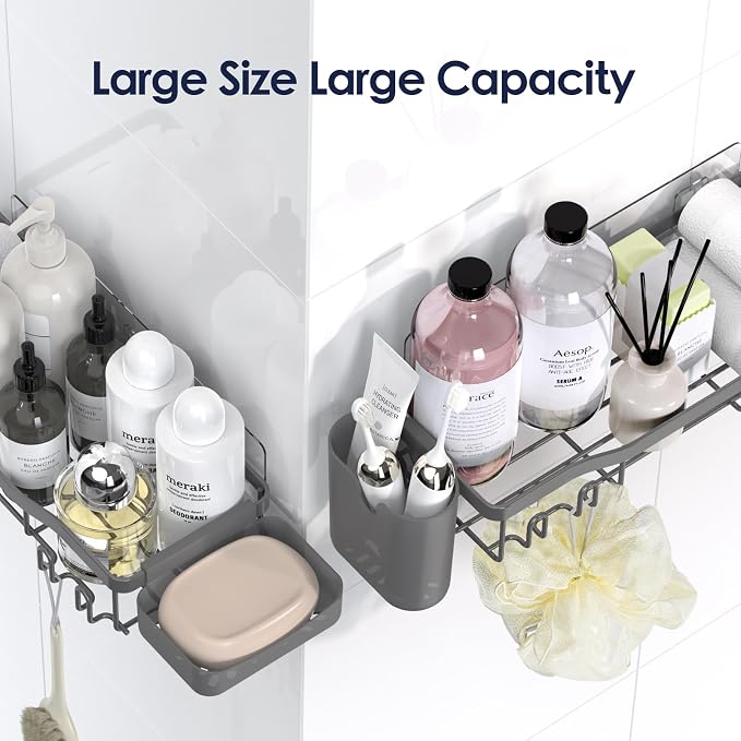 NESOMI Shower Caddy Adhesive Shower Organizer 7-Pack, Rustproof Stainless Steel Bathroom Shelves, Large Capacity No-Drill Rack Storage Accessories with Soap Dish Toothbrush Holder Hooks