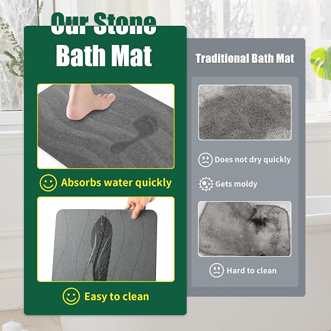 XMarrat Stone Bath Mat, 23.6'' x 15.4'' Super Absorbent Diatomaceous Earth Bath Mat Large, Quick Drying Non-Slip Diatomite Stone Bath Mats for Bathroom, Easy to Clean (Dark Gray)