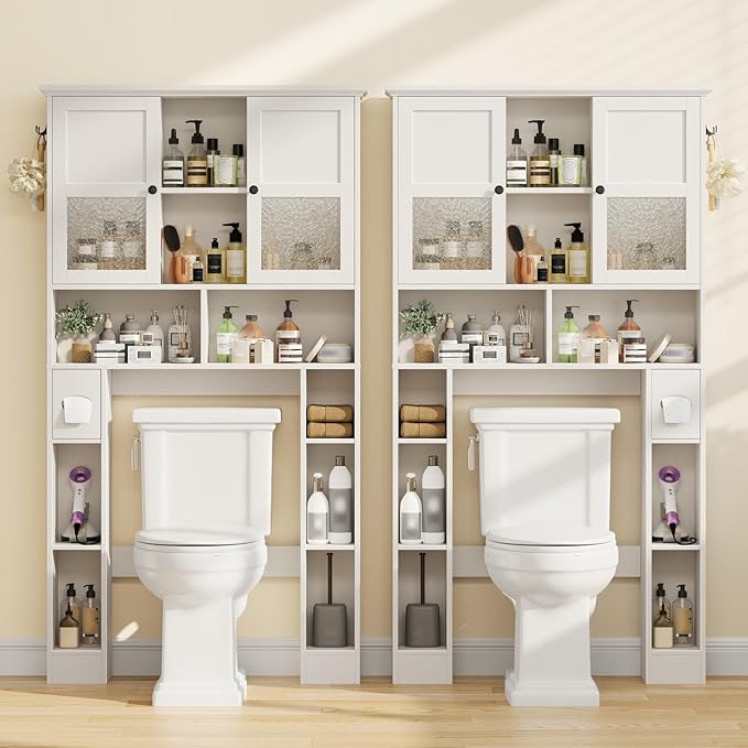 Over The Toilet Storage Cabinet, Bathroom Shelf Over Toilet with Hammered Grain Glass Doors and Adjustable Shelves, Freestanding Home Space Save Toilet Rack for Restroom, Bathroom, Laundry (White)