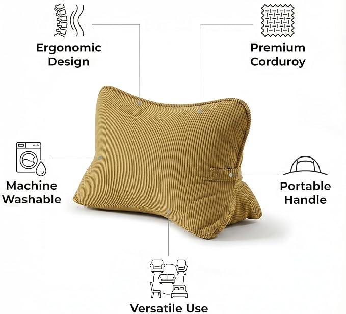 Pat. Pend. Corduroy Lumbar Support Back Pillow for Reading & Lounging, Ergonomic Triangle Cushion for Sofa, Armchair & Bed Sitting, Removable Washable Cover, Mustard Yellow