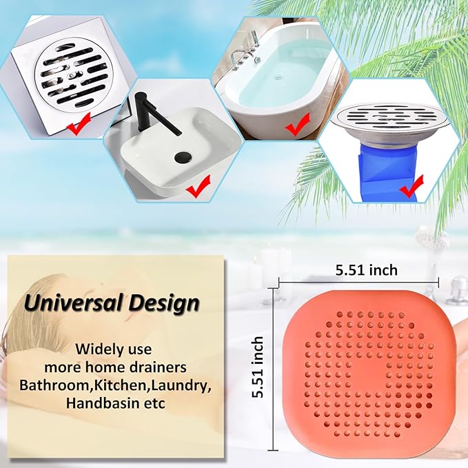 Hair Drain Catcher,Square Drain Cover for Shower Silicone Hair Stopper with Suction Cup,Easy to Install Suit for Bathroom,Bathtub,Kitchen 2 Pack (Orange)