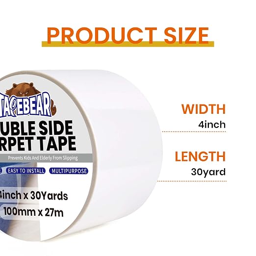 TAPEBEAR Carpet Tape Double Sided 4Inch x 30Yards, Heavy Duty Rug Gripper Anti Slip Anti Curling Floor Tape Residue-Free, Two Sided, Removable, Waterproof for Area Rugs, Mats, Strong Hold for Tile