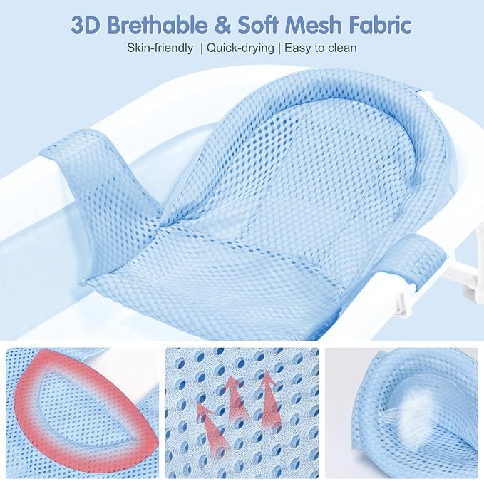 Colorlife Baby Bath Seat Support Net Infant Bathing Seat Support Mat, Adjustable Comfortable Non-Slip Three-Pointed Baby Shower Net Bathtub Sit Up Mesh for Newborn 0-12 Months-Light Blue(No Bathtub)