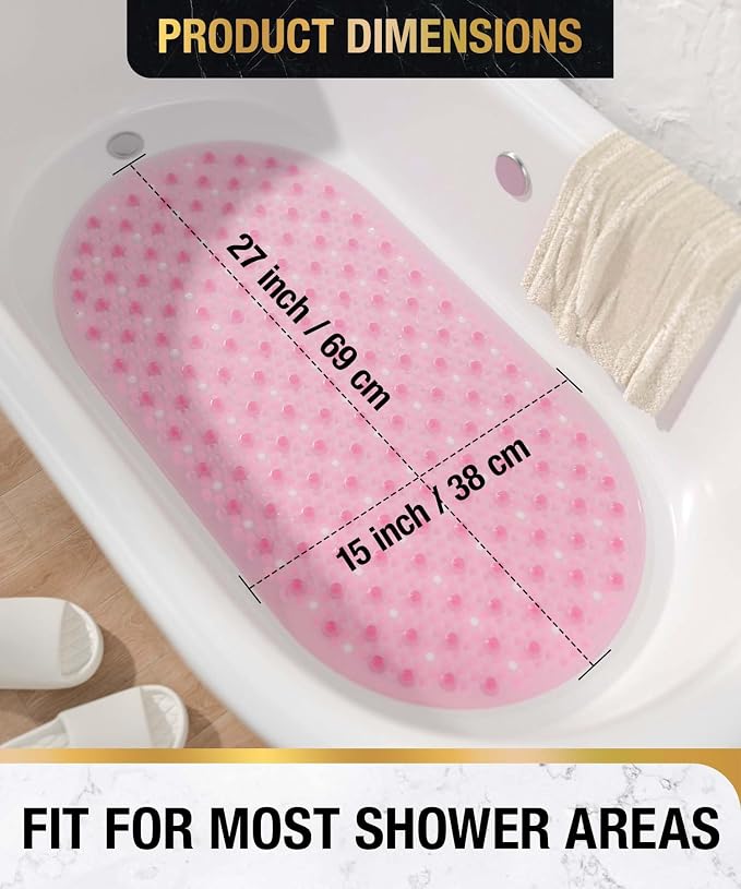 HITSLAM Oval Bath Mat for Tub, 27x15 Inch Bubble Bathtub Mat Non Slip, Machine Washable Bathroom Shower Mat with Drain Holes and Suction Cups, Bathroom Accessories Pink