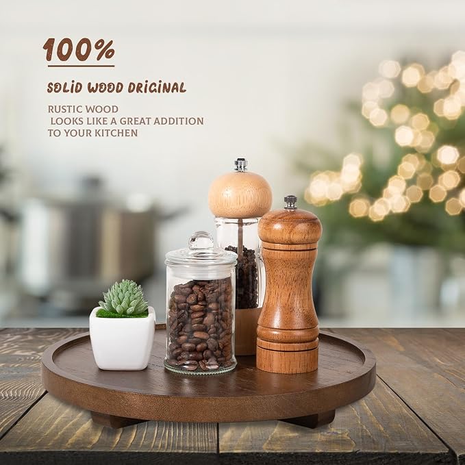 Round Decorative Tray Wood Bathroom Counter Organizer Farmhouse Kitchen Decor Wooden Riser for Soap Dish, Perfume, Candle, Sponge, 11" - Walnut