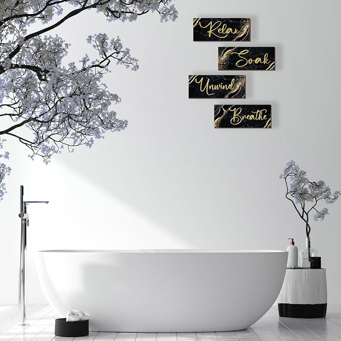 ONIZHITY 4 Pcs Black and Gold Bathroom Decor Black Gold Wall Decor Relax Soak Unwind Breathe Wooden Rustic Marble Style Bathroom Accessories for Bedroom Living Room Decor Kitchen(10X4)