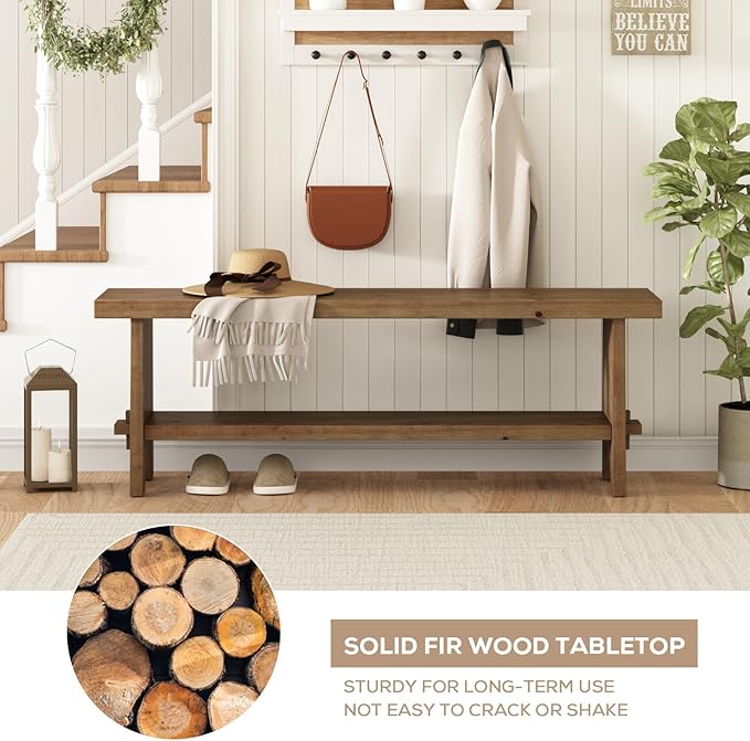 HOKYHOKY Solid Wood Entryway Bench - 51.2" Farmhouse Long Storage Bench, Rustic Narrow Bench Seat for Indoor, Entryway, Dining Room, Living Room and Hallway, Brown
