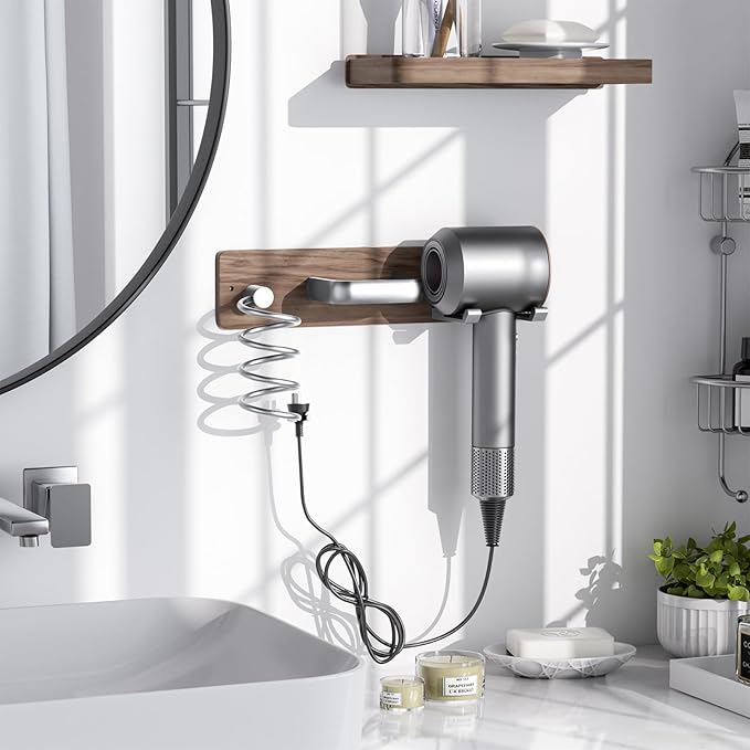 Tindbea Hair Dryer Holder Wall Mount Aluminum Alloy Hot Tools Organizer | Walnut Wood Silver