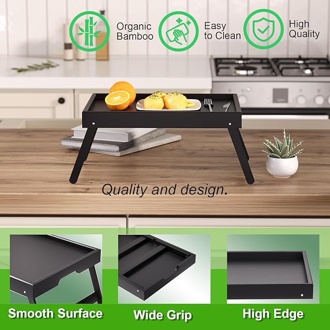 Fibogollo 2 Pack Bamboo Bed Tray Table with Folding Legs,Breakfast Trays,Serving Tray for Food and Snack,Laptop Trays for Working(Black)