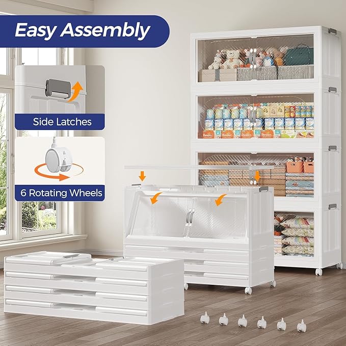960QT Extra Large Stackable Storage Bins with Lid, 240Gal Plastic Closet Organizers and Storage Drawer, Collapsible Cabinet Box with Wheels Clear Doors for Home Kitchen Office, 4Pack White