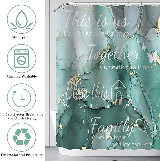 4Pcs Family Marble Shower Curtain Sets with Rugs,Green Home Inspirational Bathroom Decor Set, Bathroom Sets with Shower Curtain and Rugs, Waterproof Bathroom Shower Curtains, with 12 Hooks