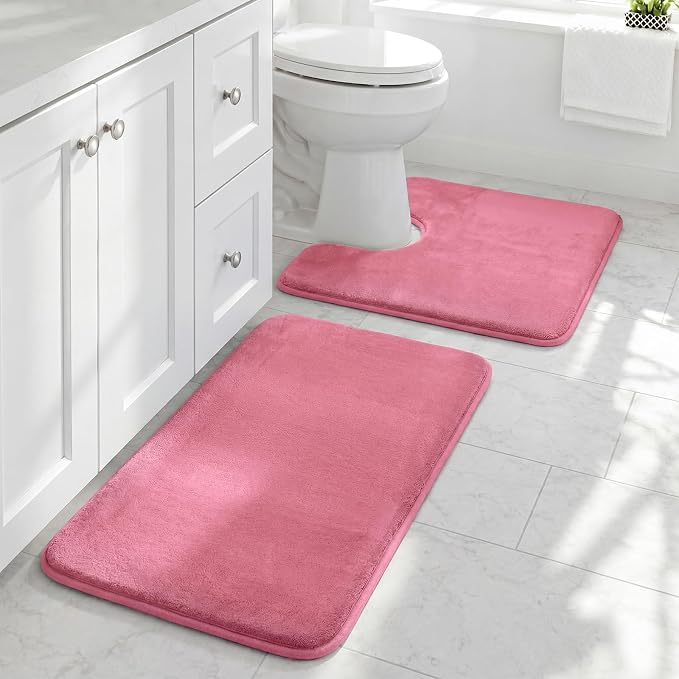 HUXMEYSON Bathroom Rugs Sets 2 Piece, Non-Slip & Quick Dry Bath Mat Set, Ultra Soft Velvet Bath Rugs for Bathroom, Toilet and Shower Floor, Pink