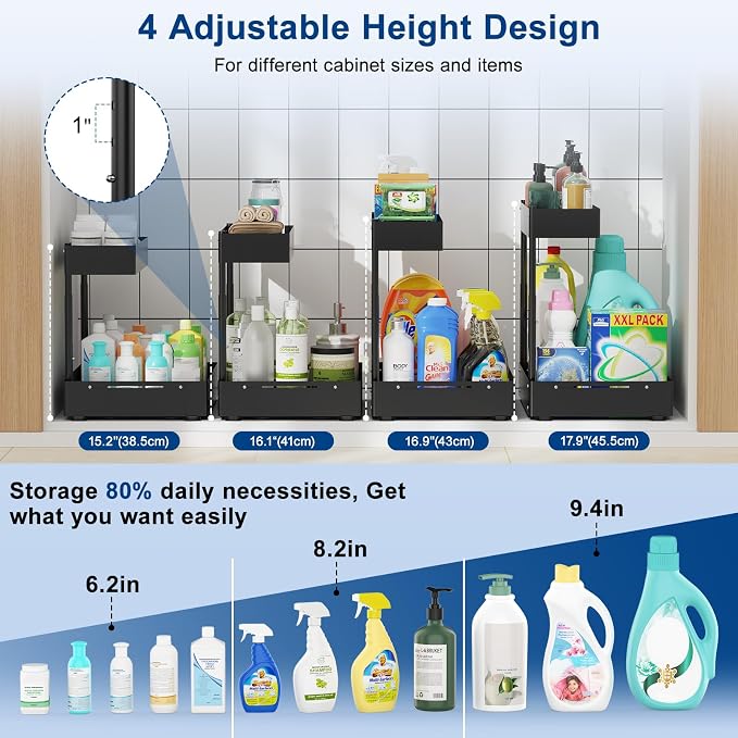 2 Pack Under Sink Organizer, Insputer 2 Tier Under Cabinet Storage Expandable Width 9.8"-15" & Height Adjustable, Thickened Pull Out Shelf for Bathroom, Kitchen, Laundry, Pantry(Black)