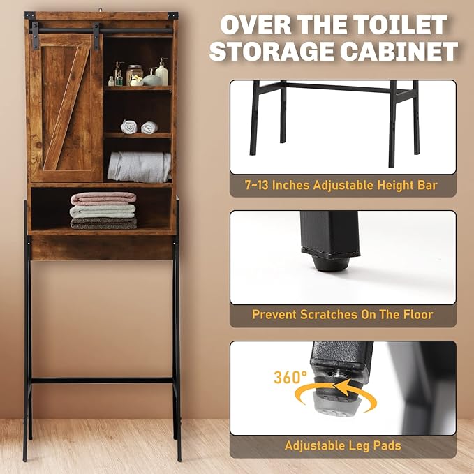 Over The Toilet Storage Cabinet, Behind Toilet Bathroom Organizer with Adjustable Shelves, Above Toilet Organizers with Barn Door, Space Saver for Restroom, Bathroom, Laundry, Brown