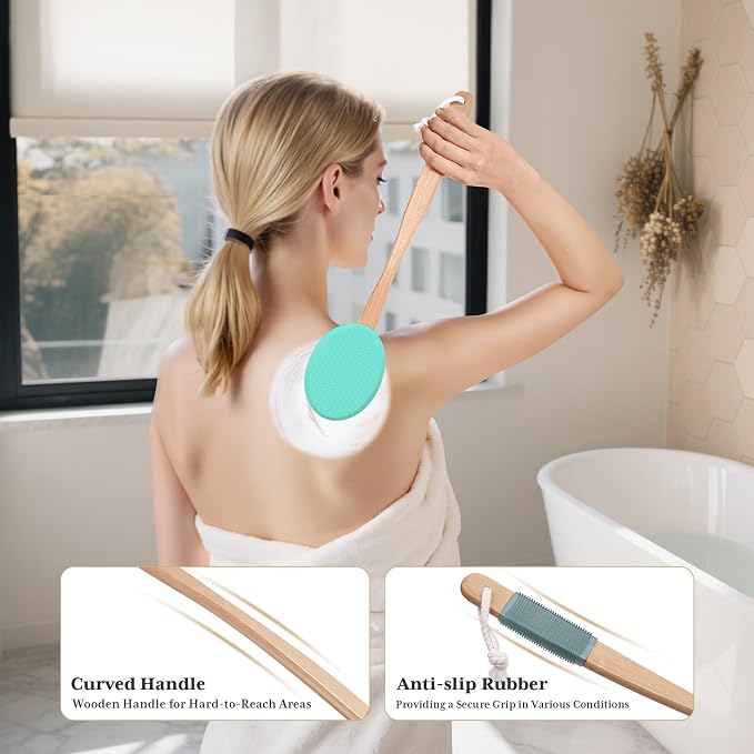 AmazerBath Lotion Applicator for Back, Feet, 4 Replacement Pads with 17" Curved Handle, Back Sunscreen Applicator for Kids, Elderly, Women, Apply Skin Cream Medicine Moisturizer Tanner, Apple Green
