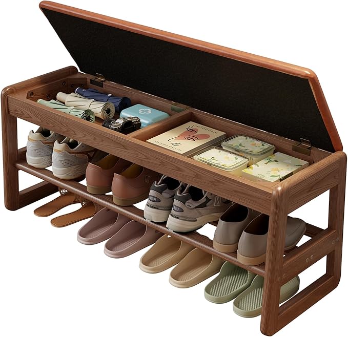 AQIMUELE Shoe Rack Bench,2 Tiers Shoe Bench with Storage with Flip-Top,Wood Shoe Rack for Entryway,Hallway（Orange Upholstered Seat,11.8" D x 39.3" W x 15.7" H）