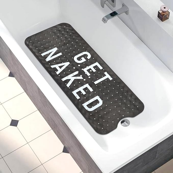 Bathtub Mat Non Slip, Get Naked Extra Long Bath tub Mat Shower Floor Mat with Suction Cups and Drain Holes for Adults Kids Elderly 40 X 16 Inch