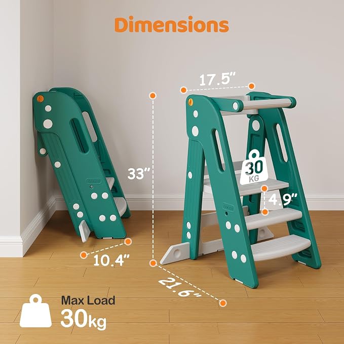 Onasti Toddler Standing Tower, Converts from 3-Step to 2-Step as Kids Grow, Space Saving Kids Kitchen Step Stool for Bathroom Sink, Kitchen Counter and Everyday Household Use-Green