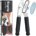 Can Opener Manual Heavy Duty Stainless Steel Smooth Edge with Magnet Large Effort Saving Knob Soft Grip Handle for Arthritis Elderly with Bottle Opener Kitchen Tool Black