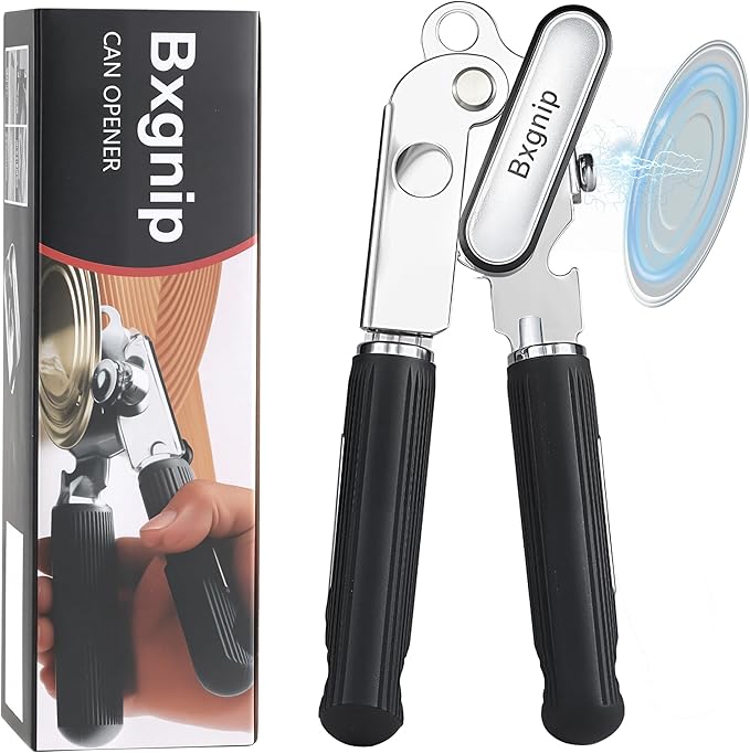 Can Opener Manual Heavy Duty Stainless Steel Smooth Edge with Magnet Large Effort Saving Knob Soft Grip Handle for Arthritis Elderly with Bottle Opener Kitchen Tool Black